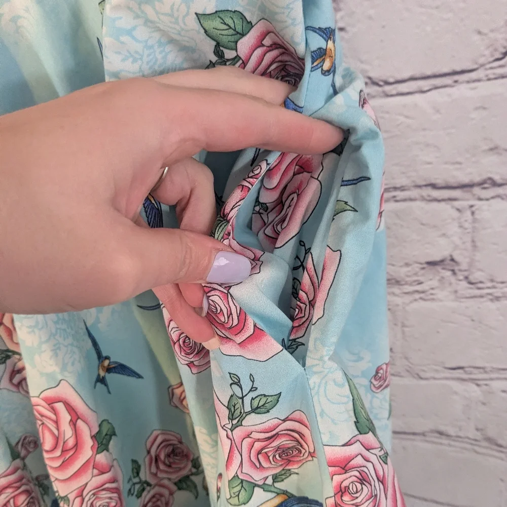 Hell Bunny Vixen Blue Floral Skirt With Birds - Picture 5 of 7